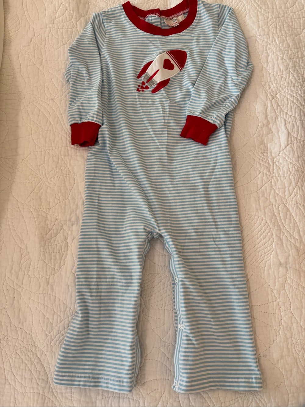 Blue Striped Kids One-Piece Footie with Red Rocket Detail